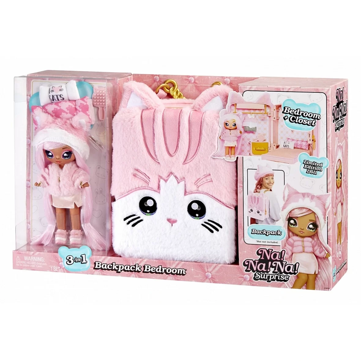 Lėlės ir kuprinės rinkinys Na! Na! Na! Backpack Bedroom Pink Tabby Kitty