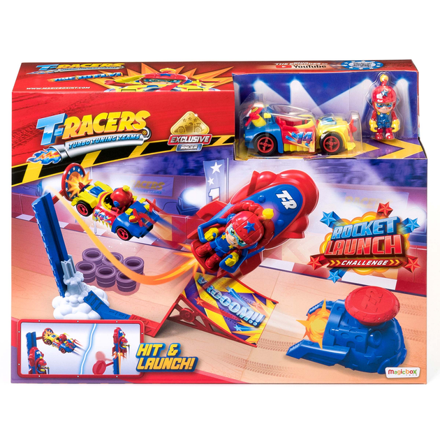 T-Racers Rocket Launch Challenge Playset Išskirtinis transporto priemonių automobilių rinkinys figūrėlių rampa