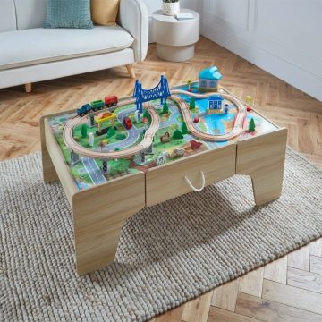 Medinis traukinių stalas vaikams su bėgiais ir priedais - Toys Plius