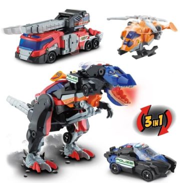 VTech Switch & Go Dinos 3-in-1 Super T-Rex transformuojamas robotas – dinozauras, policijos, gaisrinės ir gelbėjimo sraigtasparnio rinkinys - Toys Plius